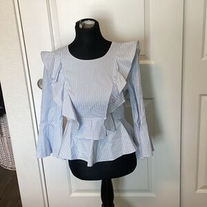 BCBG Maxazria Elegant Ruffle Striped Blouse - Blue and White S NWT